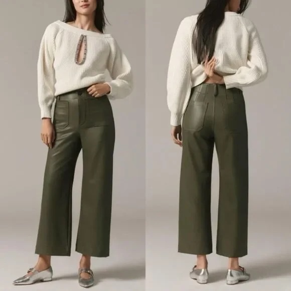 Maeve Pants - Maeve Colette Green Faux Leather Wide Leg Ankle Pants Size 31 NWOT